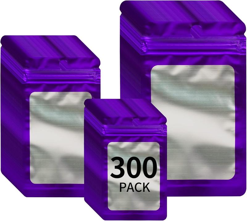 300 Pack 3 Sizes Resealable Mylar Holographic Bags  Storage Smell Proof Bags with Front Window Packaging Pouch for Cookies Sample  Snack (Purple, 3 x 4.7 in,4 x 6 in,4.7 x 7.9 in)