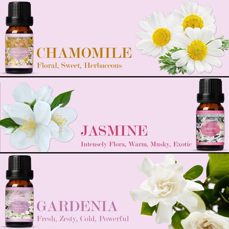 Floral Essential Oils Set, Premium Pure and Natural Essential Oils, Fragrance Oil Scented Oils for Oil Diffusers 6 x 10 ML - Lavender, Rose, Jasmine, Cherry Blossom, Gardenia, Chamomile