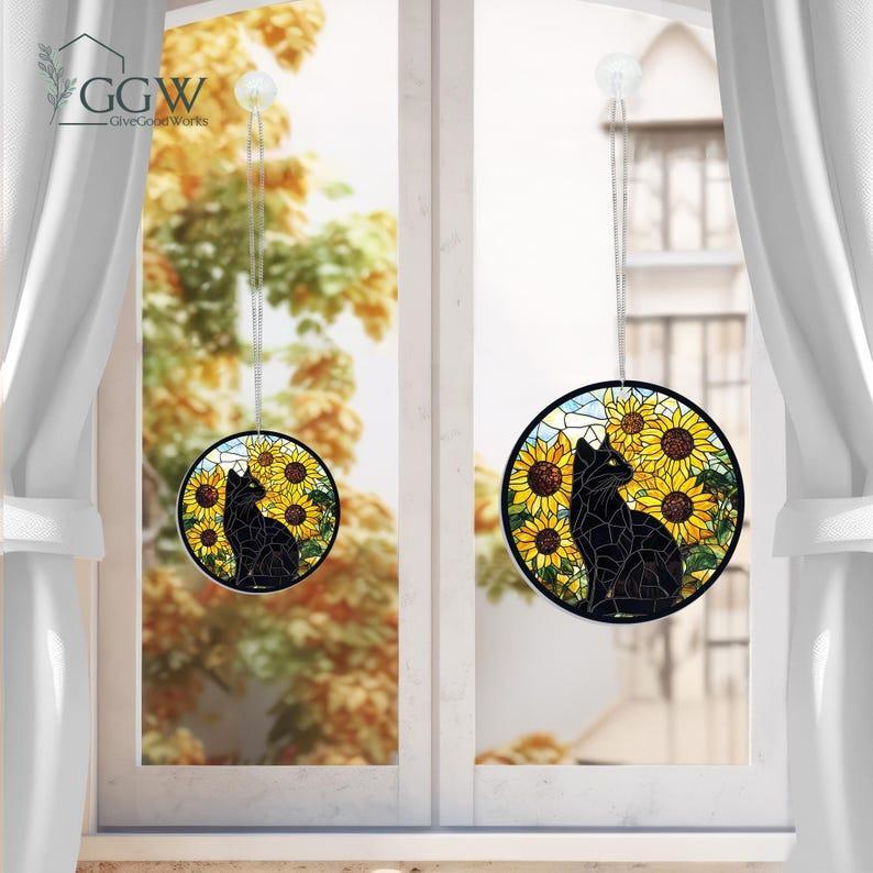 Sunflower Black Cat Suncatcher Hanging Sign, Cat Decor, Cat Lovers, Cat Memorial, Gift for Cat Lovers, Sunflower Gift for Mom, Memorial Gift