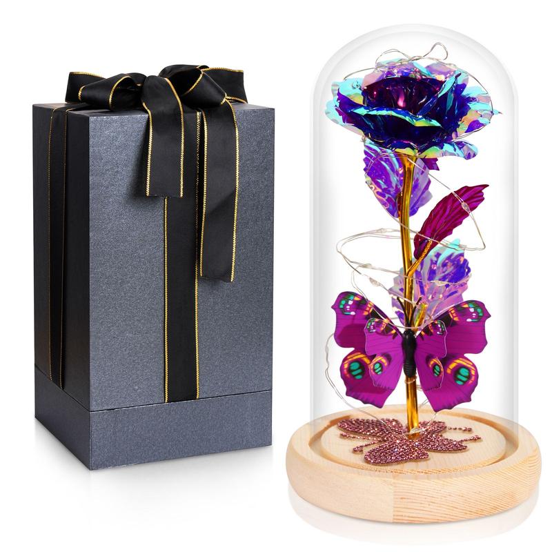 DEEMEI Room Decor Artificial Rose Flower With Glass Cover Dome,Led & Butterfly For Home Party Christmas Valentine's Day Creative Birthday Present Gift