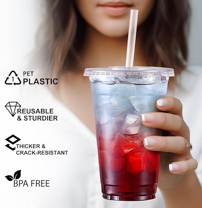 [FREE STRAWS] 100 Sets of Clear Plastic Cups with Flat Lids – Disposable Cups for Cold Drinks, Smoothies, Milkshakes, Iced Coffee, and To-Go Beverages