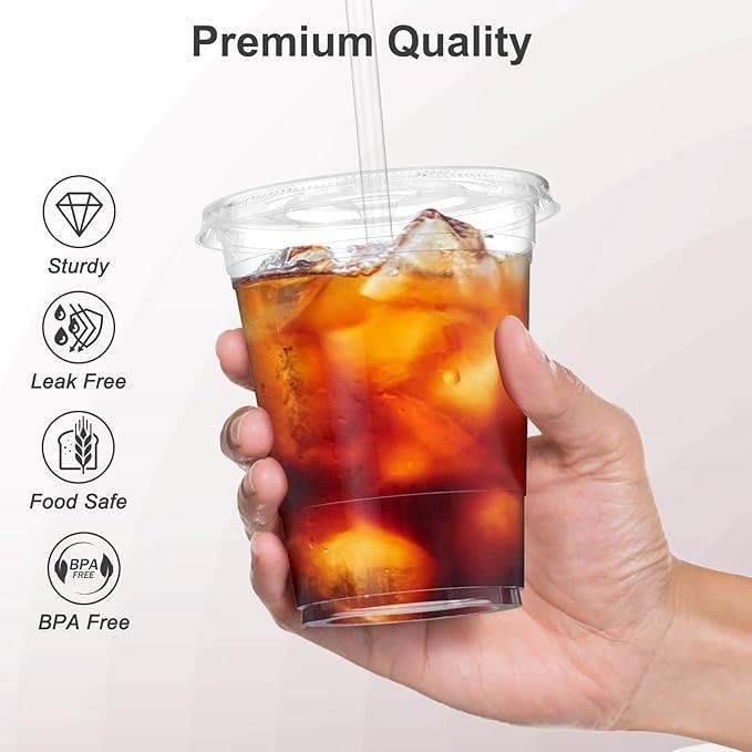 [FREE STRAWS] 100 Sets of Clear Plastic Cups with Flat Lids – Disposable Cups for Cold Drinks, Smoothies, Milkshakes, Iced Coffee, and To-Go Beverages