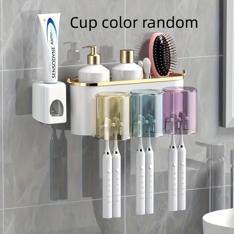 Toothbrush holder with toothpaste dispenser, wall-mounted, with mouthwash cup, space-saving bathroom rack, bathroom accessories