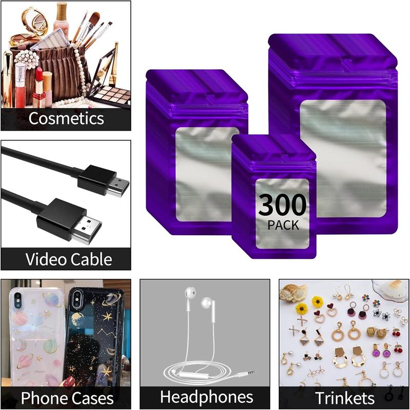 300 Pack 3 Sizes Resealable Mylar Holographic Bags  Storage Smell Proof Bags with Front Window Packaging Pouch for Cookies Sample  Snack (Purple, 3 x 4.7 in,4 x 6 in,4.7 x 7.9 in)