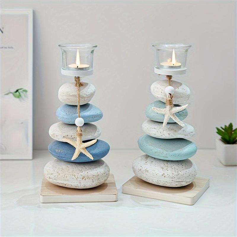 Random Color Stone & Starfish & Shell Design Candle Holder, 1 Count Mediterranean Style Decorative Candle, Desktop Decoration for Home Living Room Bedroom, without Candle