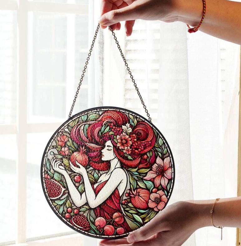 Persephone Stained Glass SunCatcher Persephone Greek Goddess Window Hanging Protection Charm Pomegranate Home Decor Gift