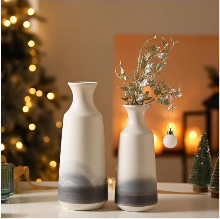 Set of 2 Modern Vases for Table Decor in White and Gray - Ideal Gift for Dad Ceramic Decorative