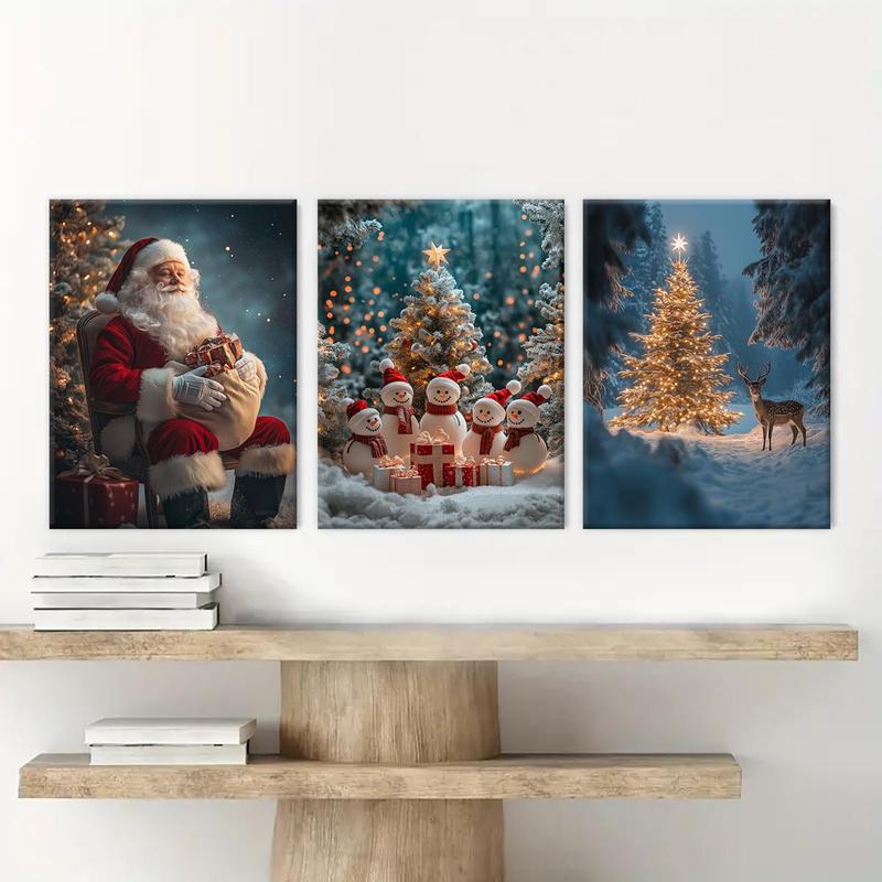 Christmas Wooden Framed Canvas Painting, 3 Counts set Winter Christmas Snow Scene Wall Art, Waterproof Wall Decor  for Home Living Room Bedroom Office