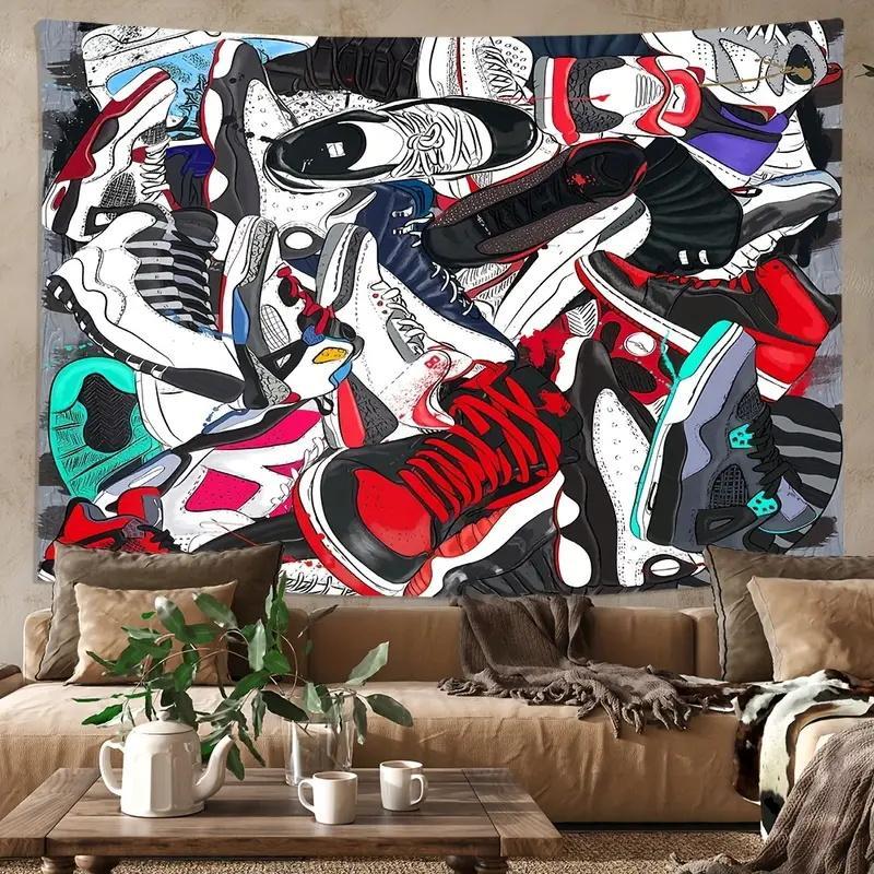 Basketball Shoe Pattern Tapestry, 1 Count Modern Polyester Wall Tapestry for Living Room Bedroom Dormitory Home Decor, Summer Room Decor, Super Bowl Party Decor Supplies, Men Gifts