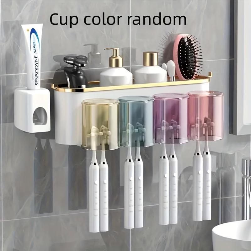 Toothbrush holder with toothpaste dispenser, wall-mounted, with mouthwash cup, space-saving bathroom rack, bathroom accessories