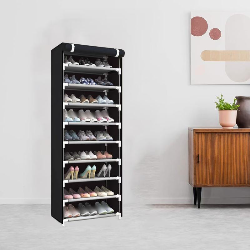 Black non-woven multi-layer steel tube shoe cabinet and shoe rack. Zipperless shoe cabinet for storage and dustproof. Multifunctional shoe rack for home. Increased capacity. Exquisite and beautiful. Large built-in space.