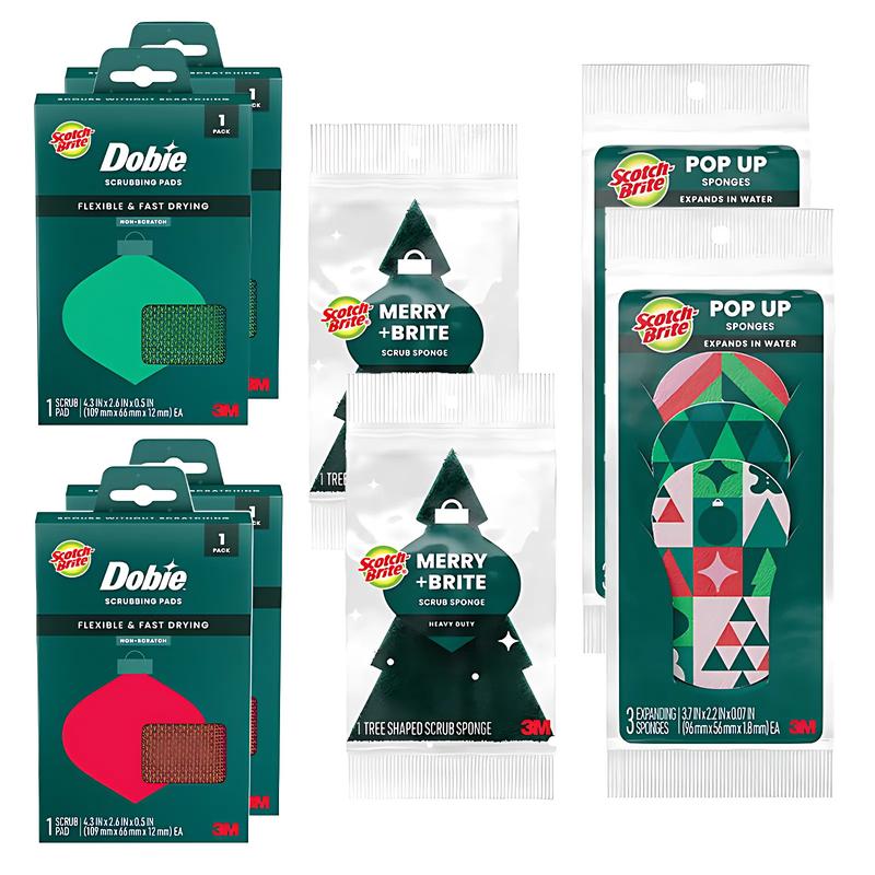 Merry & Brite Holiday Kit - Includes 6 Pop-Up Sponges, 4 Dobie Scrubbing Pads and 2 Tree Shaped Heavy-Duty Scrub Sponge