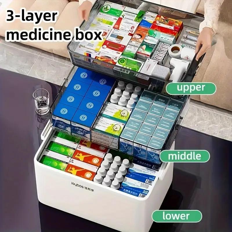 Medicine Storage Box, 1 Count 3 Layers Sundries Organizer with Lid & Handle, Large Capacity Storage Box for Home Dormitory Office Outdoor