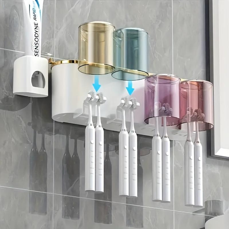 Toothbrush holder with toothpaste dispenser, wall-mounted, with mouthwash cup, space-saving bathroom rack, bathroom accessories