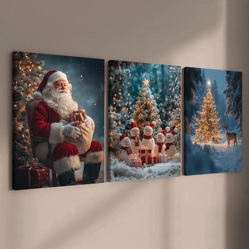 Christmas Wooden Framed Canvas Painting, 3 Counts set Winter Christmas Snow Scene Wall Art, Waterproof Wall Decor  for Home Living Room Bedroom Office