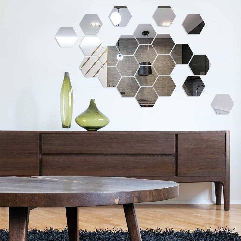 24 count Mirror Wall Stickers, Hexagon  Mirror Stickers with Self-Adhesive Backing, Removable Mirrors Wall Art Decal for Home, Living Room, Bedroom, Decor (l)