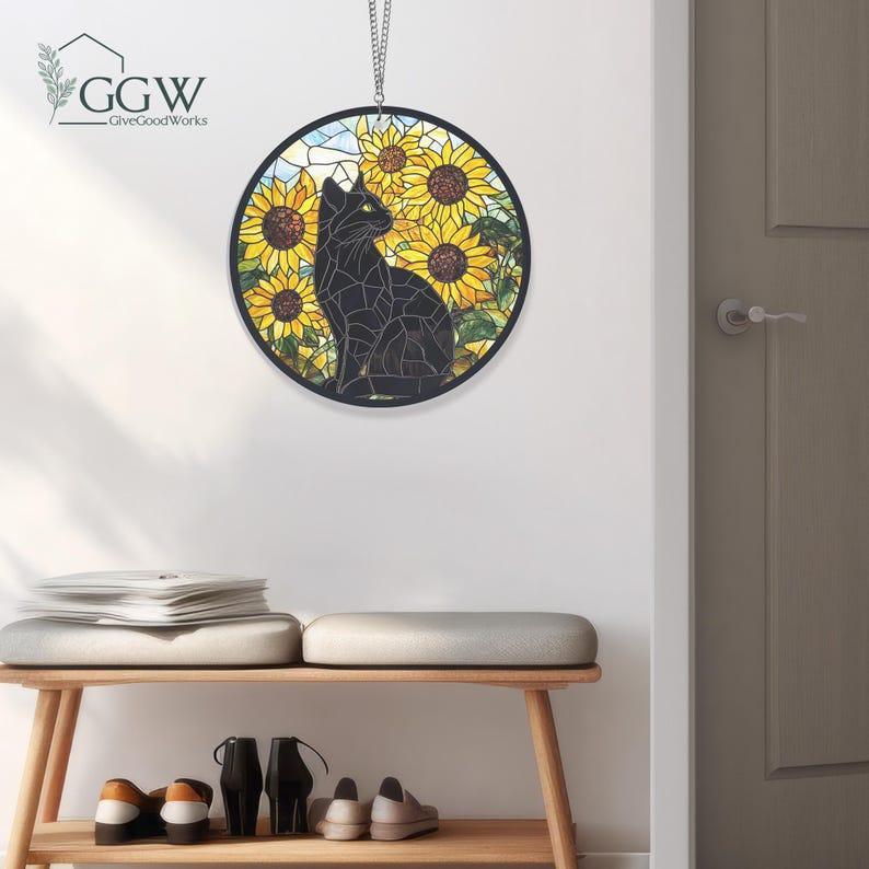 Sunflower Black Cat Suncatcher Hanging Sign, Cat Decor, Cat Lovers, Cat Memorial, Gift for Cat Lovers, Sunflower Gift for Mom, Memorial Gift