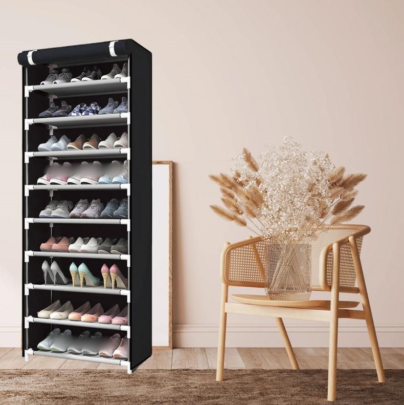 Black non-woven multi-layer steel tube shoe cabinet and shoe rack. Zipperless shoe cabinet for storage and dustproof. Multifunctional shoe rack for home. Increased capacity. Exquisite and beautiful. Large built-in space.