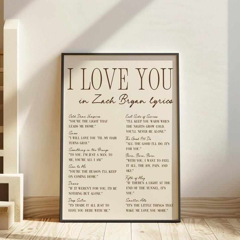 I Love You Lyrics Poster Wall Art Decor Bryan Music Print UNFRAMED