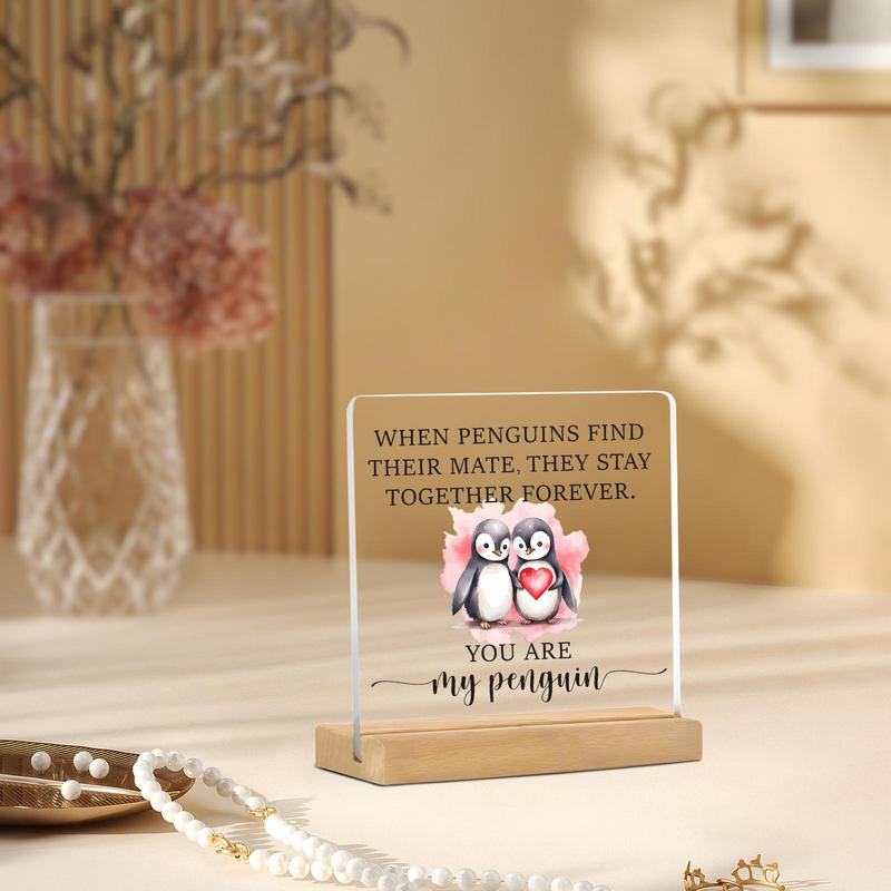 Cute Penguin & Letter Pattern Acrylic Desktop Ornament, 1 Count Creative Home Decor Plaque, Desktop Decoration Sign for Living Room Bedroom Office