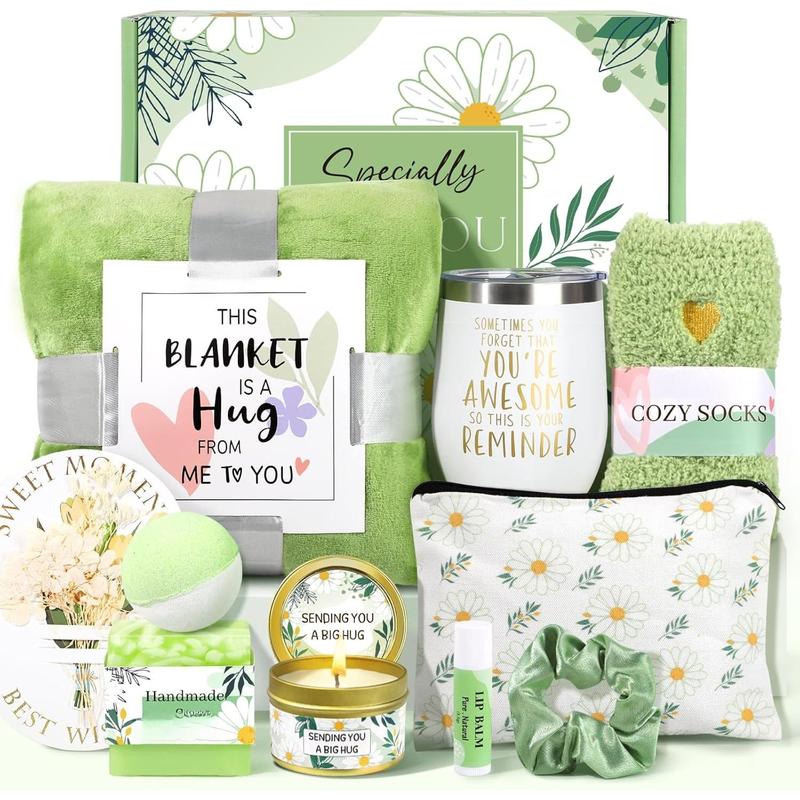 Gift Basket for Women, Birthday Gifts for Women Friendship, Self Care Gifts Get Well Soon Gifts Basket for Women, Thinking of You Gifts w Flannel Blanket for Mom  Friend Sister Wife (Green)