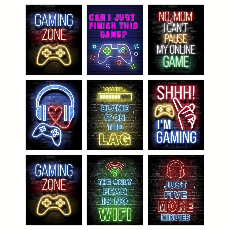 Game Themed Neon Gamer Quotes Posters, 9 Counts Creative Wall Art without Frame, Modern Wall Art for Living Room, Bedroom, Office, Bar