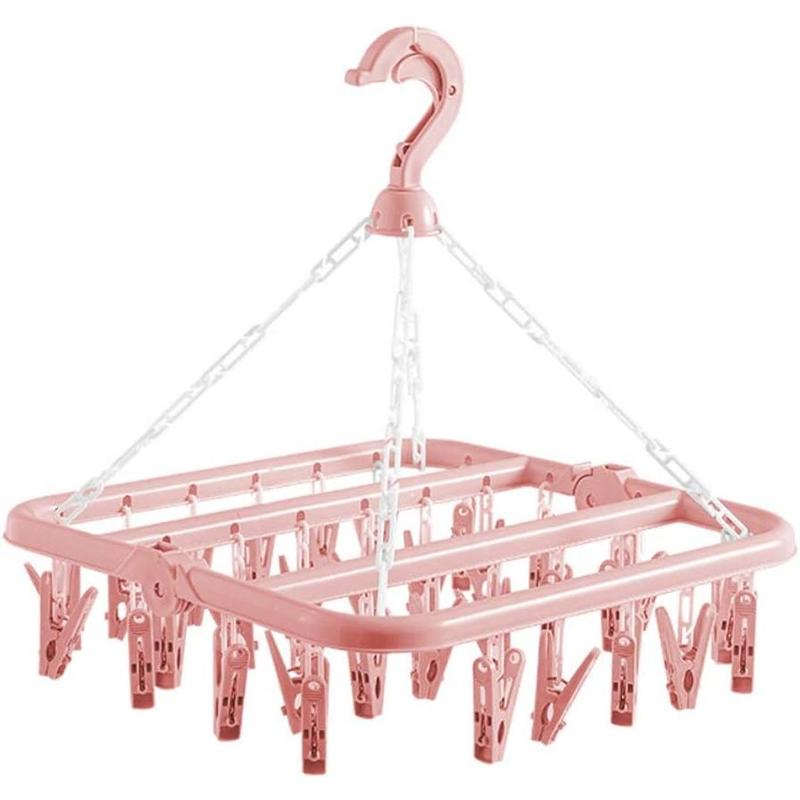 Clothes Drying Hanger with 32 Clips and Drip Foldable Hanging Rack (Light Pink)