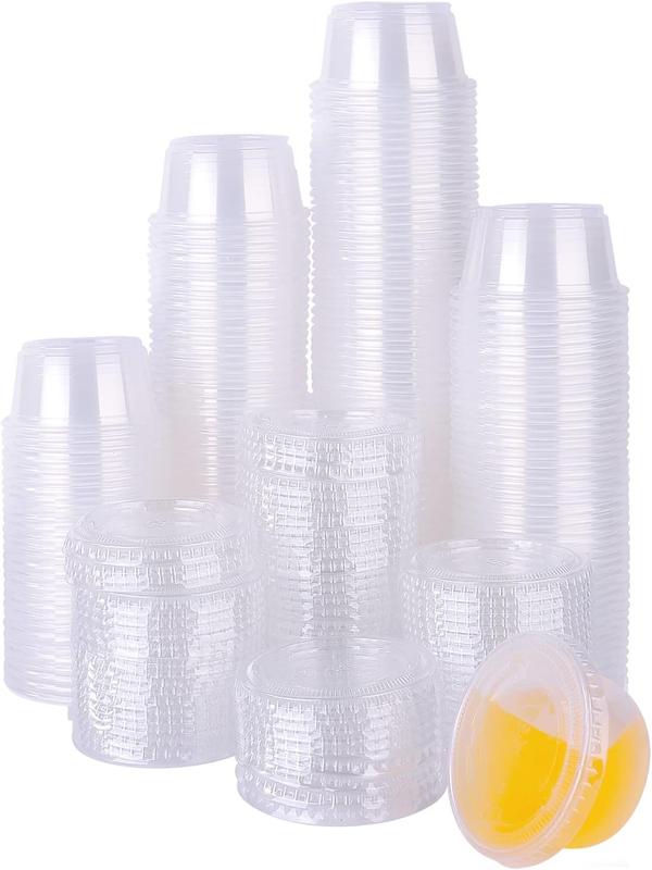 200 Pack of 2-Ounce Disposable Plastic Jello Shot Cups with Lids, Souffle Portion Container, 2 oz-200 Sets, Clear