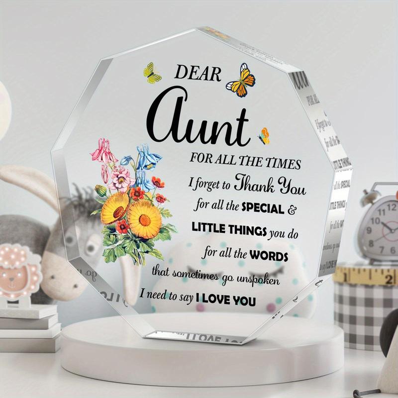 Flower & Butterfly & Letter Pattern Acrylic Keepsake, 1 Count Letter for Aunt Desk Ornament, Birthday Gift for Aunt, Home & Office Desktop Decor