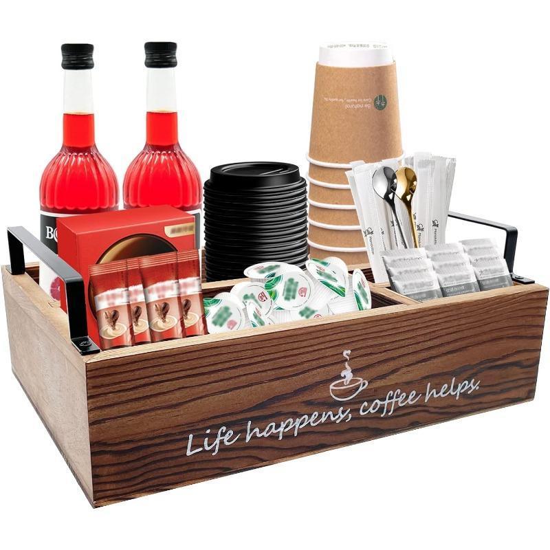 Coffee Station Organizer, Farmhouse Coffee Bar Accessories Organizer Basket for Countertop Office Coffee Station, Wooden Tray for Coffee Supplies and Essentials, Sugar, Syrup, Tea