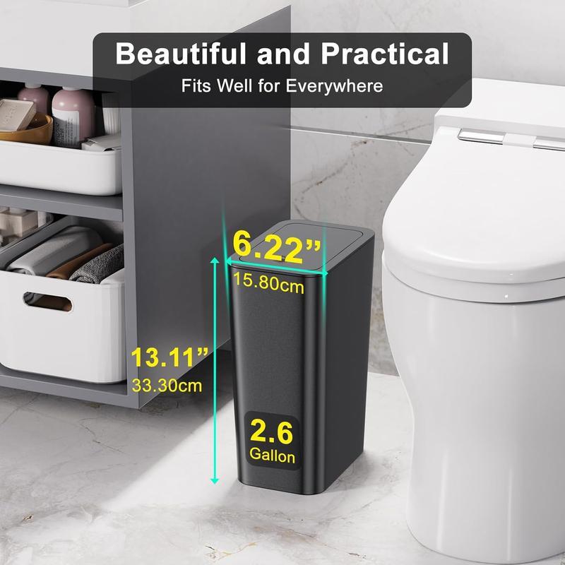 3 Pack 10L 2.6 Gal Bathroom Trash Can with Lid, Bathroom Trash Bin with Press Lid, Small Trash Can Slim Garbage Cans Waste Basket for Bathroom,Kitchen,Office,Bedroom - Black,Gray,Off White Pet Plastic Smooth