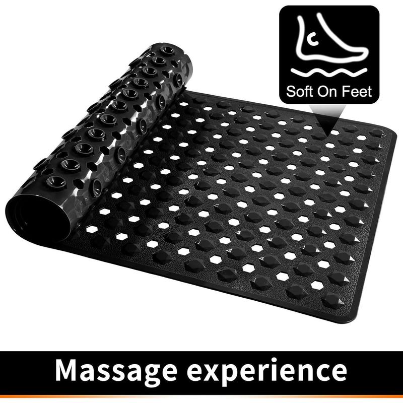 Bathtub Shower Mat, Long Non Slip Bath Mats for Tub with Drain Hole and Suction Cups, Soft on Feet, Machine Washable, Easy Dry, 34.5 x 15.5 Inch, Black