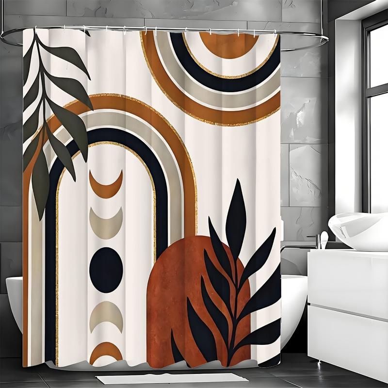 Boho Abstract Mid Century Shower Curtain for Bathroom Decor Geometric Leaves Moon Phase Modern Minimalist Aesthetic Arch Brown Black Fabric Waterproof Polyester 12 Pack Hooks