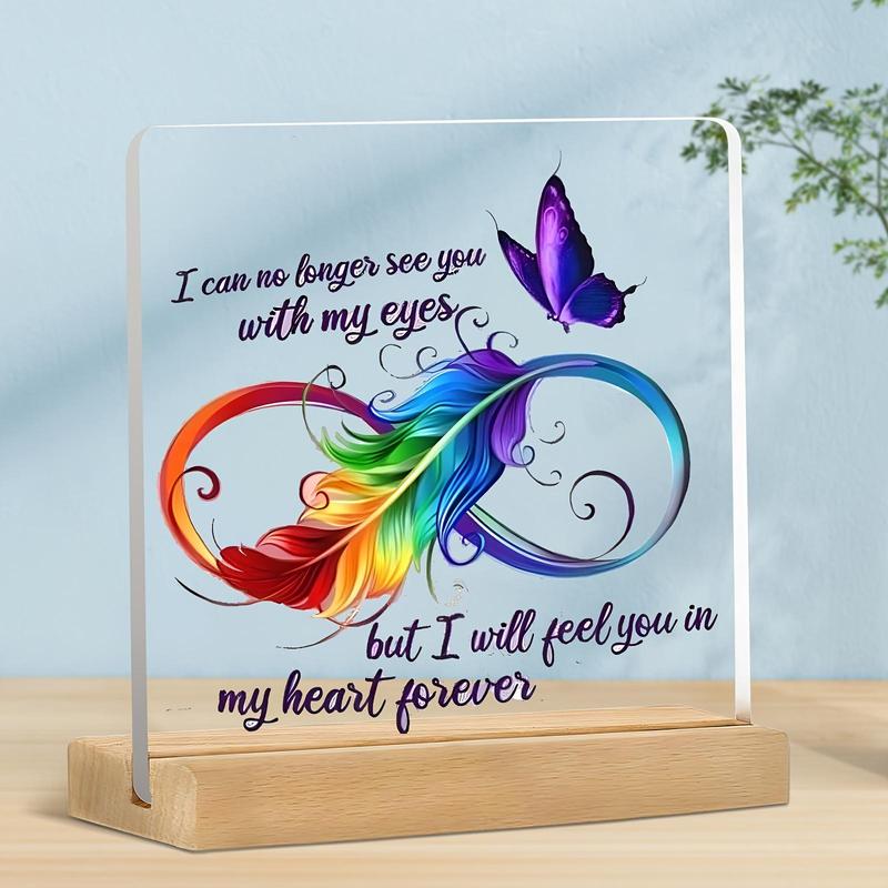 Butterfly & Feather & Letter Pattern Acrylic Plaque, Creative Wooden Base Desktop Ornament, Home Decor for Living Room Bedroom Office, Gifts Ideas