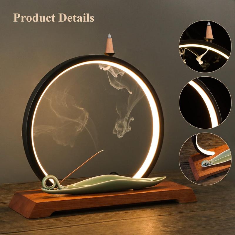 DOBEHOME Backflow Incense Holder with LED Light Ring Ceramic Incense Burner Waterfal with 1 tweezer and 30 Incense Sticks LED Incense Burner for Home Office Decor Yoga Aromatcherapy Fragrance Leaf