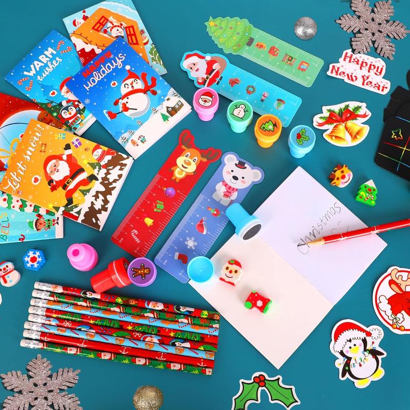 218Pcs Christmas Party Favors for Kids, Christmas School Stationery Set Christmas Goodie Bags Christmas Toys Bulk Classroom Prizes Christmas Stationery Kit for Party Gift Fillers