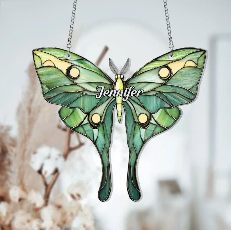 Customizable Luna Moth Butterfly Suncatcher Ornament, Personalized Acrylic Window Hanging, Unique Christmas Gift, Home Decor Gift For Family