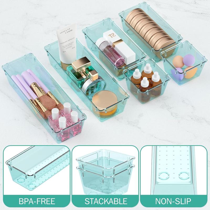 9 Pack Clear Drawer Organizer Set, Acrylic Drawer Storage Trays, Storage Bins for Makeup, Cosmetics, Jewelries, Utensils, Gadgets, Office, Sea Blue Boxes