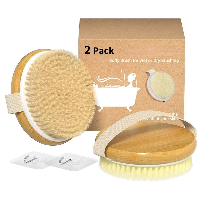 2 Pack Bamboo Dry Body Brushes, Shower Brush Wet and Dry Brushing, Dry Brush for Cellulite and Lymphatic, Body Scrubber with Soft and Stiff Bristles, Suitable for All Kinds of Skin