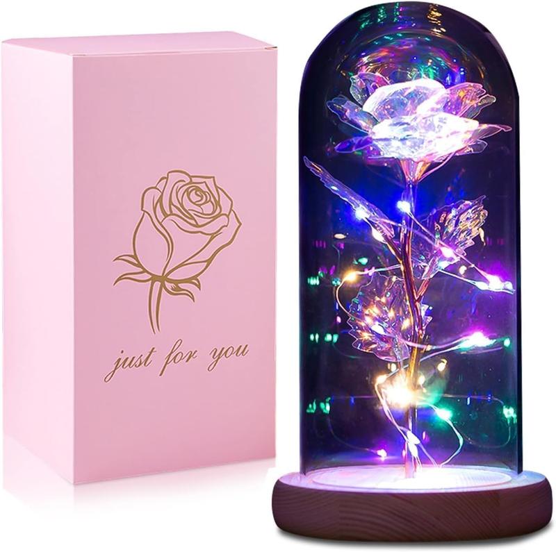 Mothers Day Glass Rose Light Up Rose Gifts for Mom Women Birthday Gifts Colorful Rainbow Artificial Flower Rose Gift in A Glass Dome Valentines Mother's Day for Her Women Decor Decorative Ornaments flower  Plants