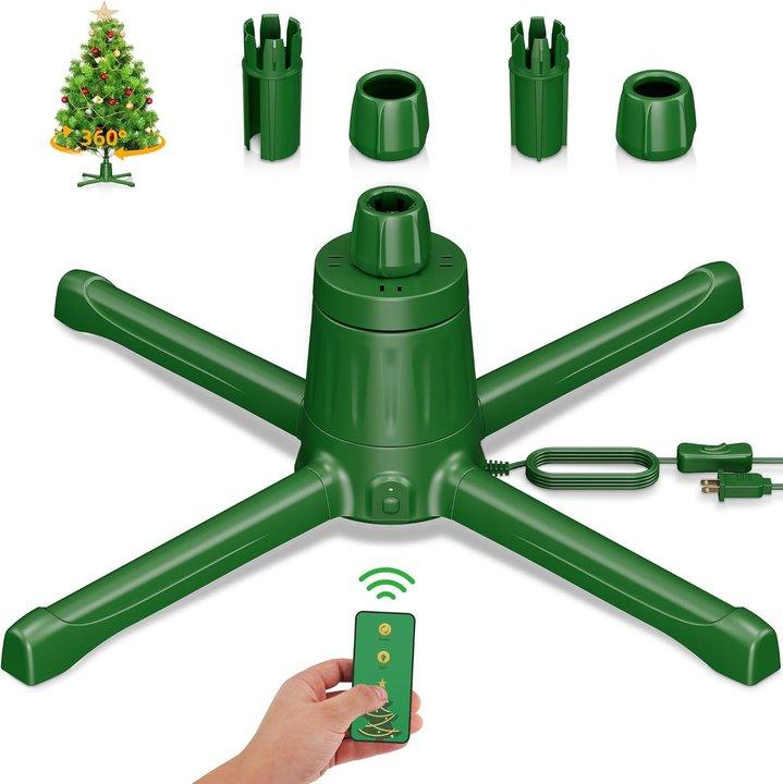 COOLWUFAN Spinning Christmas Tree Stand for Up to 9ft & 120lb Artificial Trees, 4 Built-in Power Outlets Base with Remote Control festive holiday