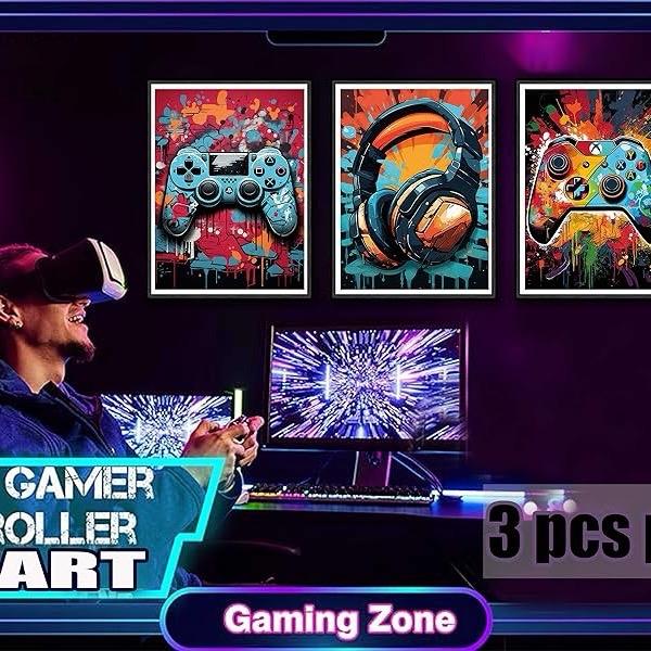 3Pcs Cool Gaming Wall Art Retro Video Game watercolor Posters Pictures Colorful Neon Gamepad Canvas Painting Prints for Boys Room Kids Game Room Bedroom for Boys Home Decoration 12x16in Unframed