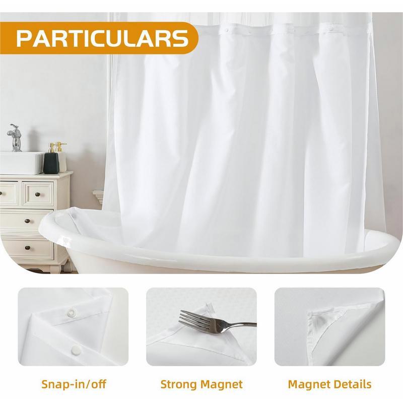 1 Pack White Fabric Snap-in Shower Curtain Liner Replacement - Compatible with No Hook Shower Curtain. Removable, Water-Repellent & Machine Washable (70x54).