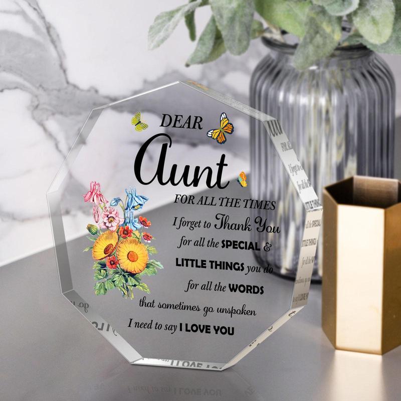 Flower & Butterfly & Letter Pattern Acrylic Keepsake, 1 Count Letter for Aunt Desk Ornament, Birthday Gift for Aunt, Home & Office Desktop Decor