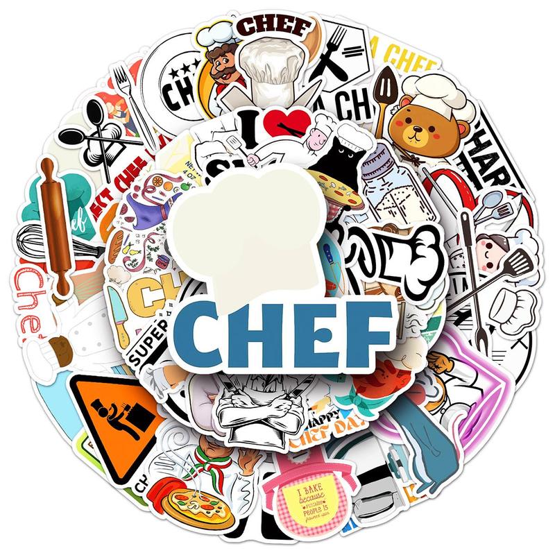 Cartoon Chef Pattern Sticker, 50pcs set Waterproof Self Adhesive Decor Paper, Decor Sticker for Gift Greeting Card Water Bottle Laptop Phone