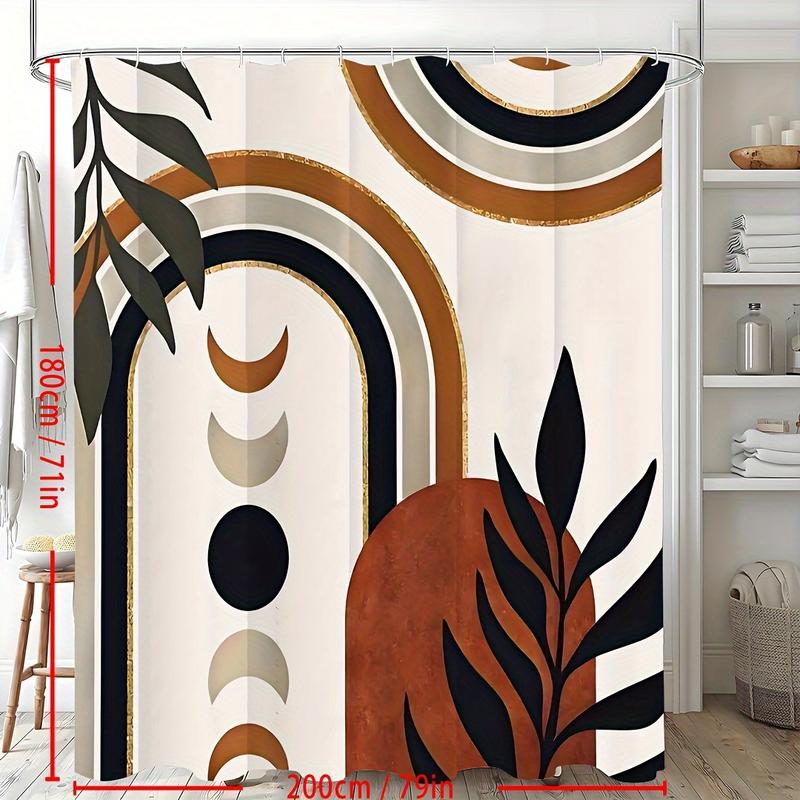 Boho Abstract Mid Century Shower Curtain for Bathroom Decor Geometric Leaves Moon Phase Modern Minimalist Aesthetic Arch Brown Black Fabric Waterproof Polyester 12 Pack Hooks