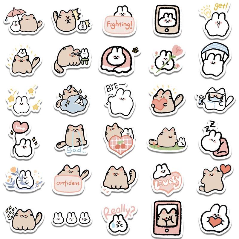 Easter Ornaments, 60pcs Cute Spring Cartoon Cat & Rabbit Series Stickers, DIY Waterproof Decorative Stickers for Laptop, Guitar, Water Bottle & Skateboard, Easter Essentials, Easter Decorations