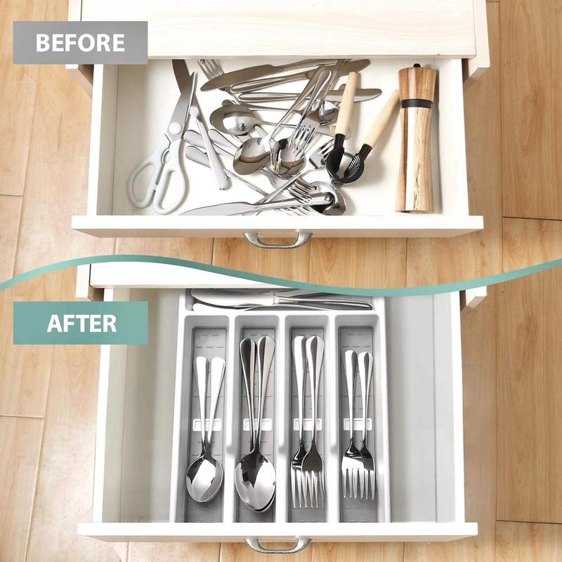 Silverware Organizer with Icons Plastic Cutlery silverware Tray for Drawer Utensil Flatware Tableware Organizer for Kitchen with Non-slip TPR,Fits Standard Drawer,5-Compartment  Grey Boxes