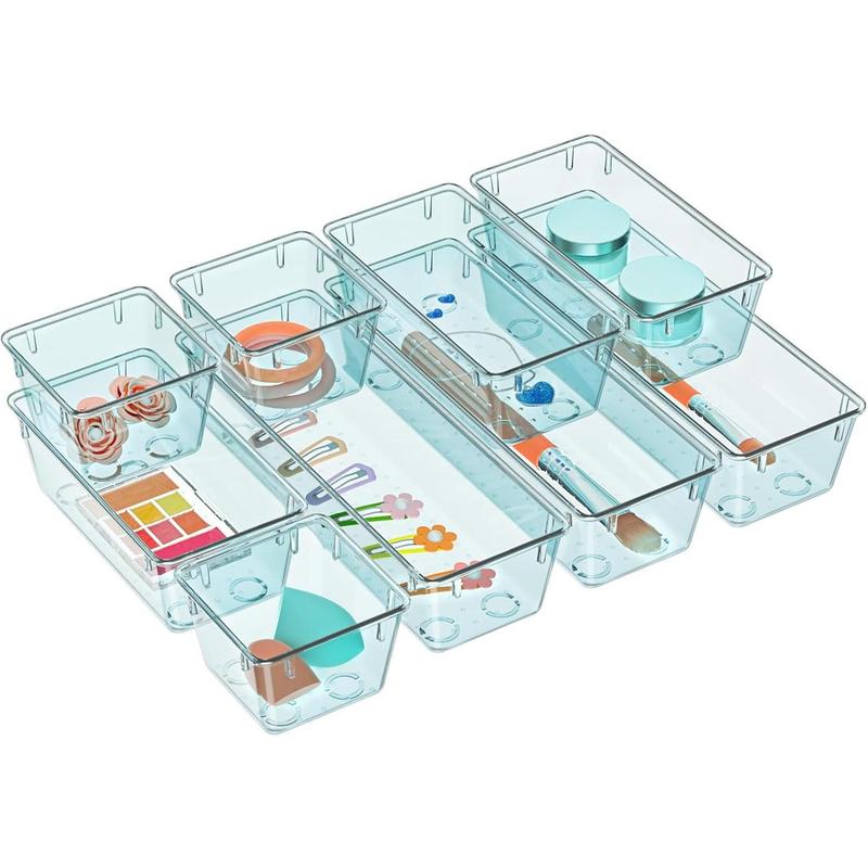 9 Pack Clear Drawer Organizer Set, Acrylic Drawer Storage Trays, Storage Bins for Makeup, Cosmetics, Jewelries, Utensils, Gadgets, Office, Sea Blue Boxes