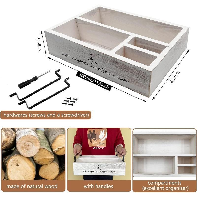 Coffee Station Organizer, Farmhouse Coffee Bar Accessories Organizer Basket for Countertop Office Coffee Station, Wooden Tray for Coffee Supplies and Essentials, Sugar, Syrup, Tea